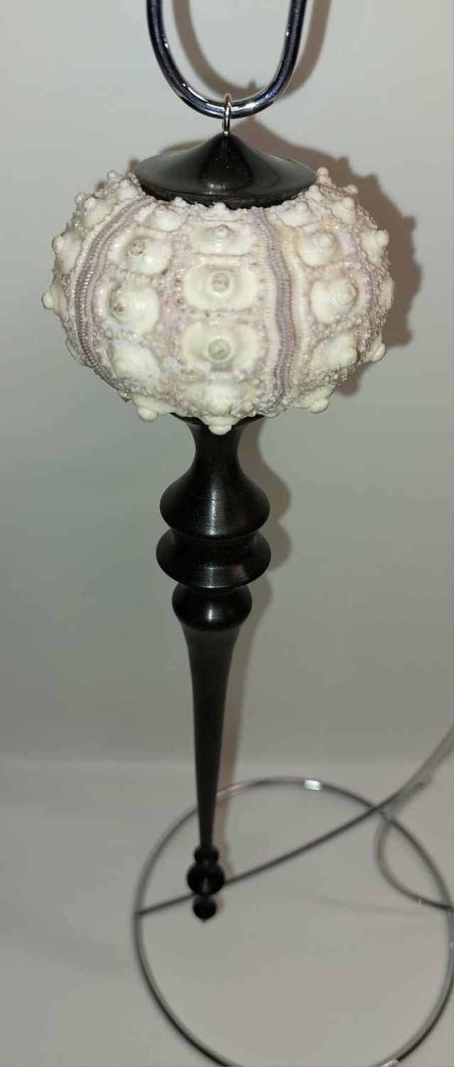 Decoratieve kerstornamenten handgemaakt, handmade in Belgium, handgemaakt in België, ambachtelijk, houtsoort Ebbenhout en Urchin, schelp van zee-egel.